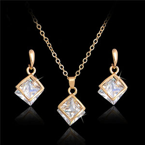 H:HYDE New Jewelry Gold Color Square Clear Crystal Necklace & Dangle Earrings Sets