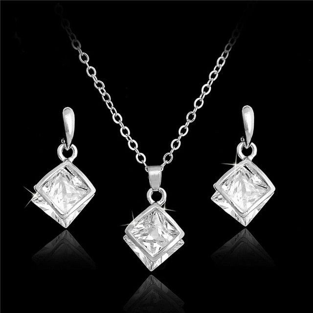 H:HYDE New Jewelry Gold Color Square Clear Crystal Necklace & Dangle Earrings Sets