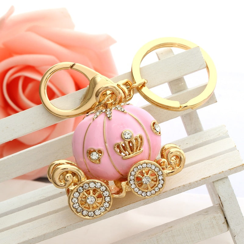 Multi-functional Rhinestone Pumpkin Carriage Pendant Key chain Gold Color