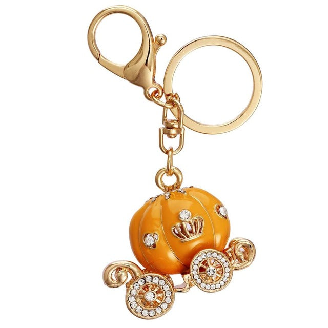 Multi-functional Rhinestone Pumpkin Carriage Pendant Key chain Gold Color