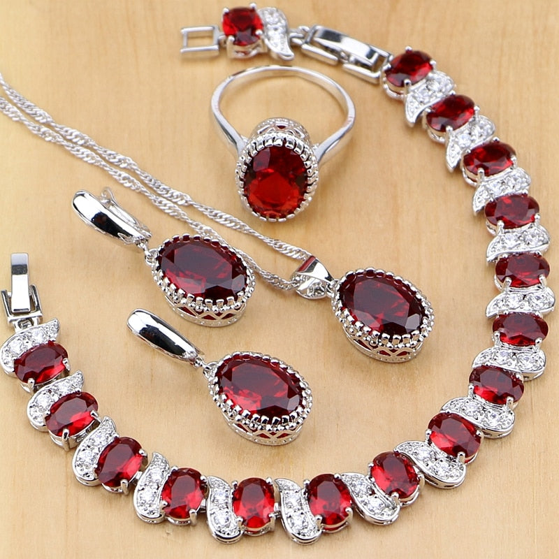 Natural 925 Sterling Silver Jewelry Red Birthstone Charm Jewelry Sets