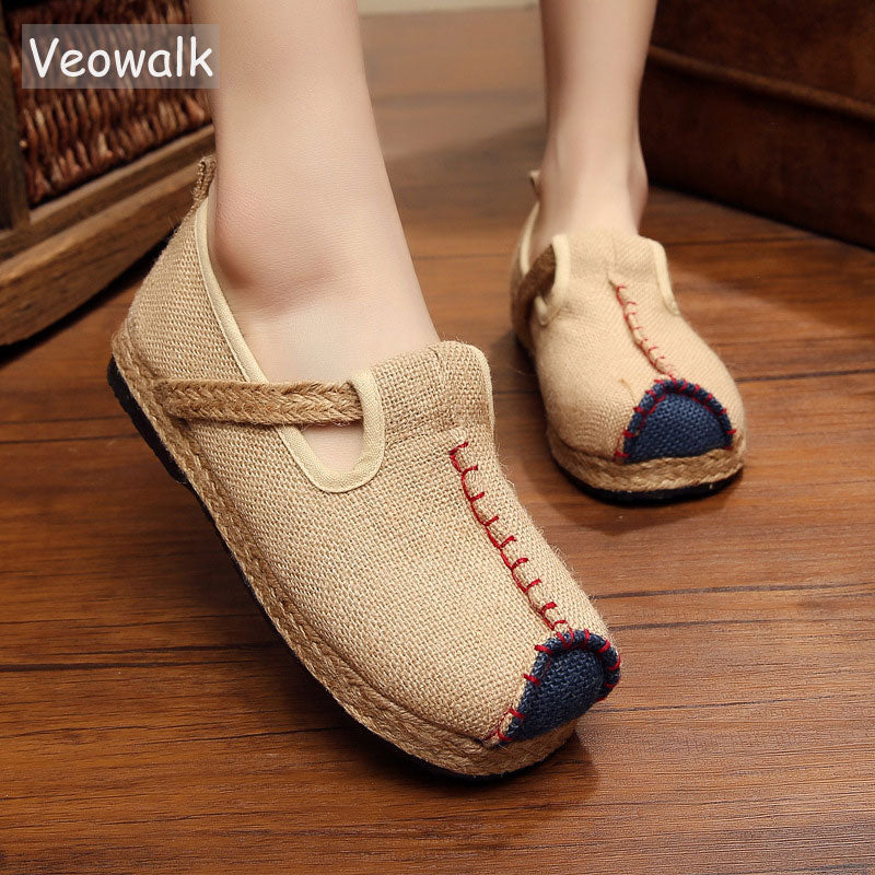 Fashionable Veowalk Womens Casual Plain Linen Cotton Loafers Old Beijing Walking Flat Shoes