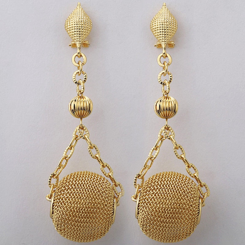 African Big Long Drop Dangle Earrings Beads Jewelry Set Dubai Gold-Color