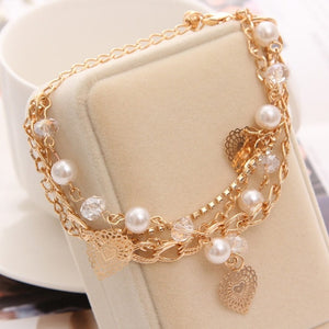 Gold Color Multi-layer Beaded Pendant Heart Butterfly Charm Bracelets and Bangles