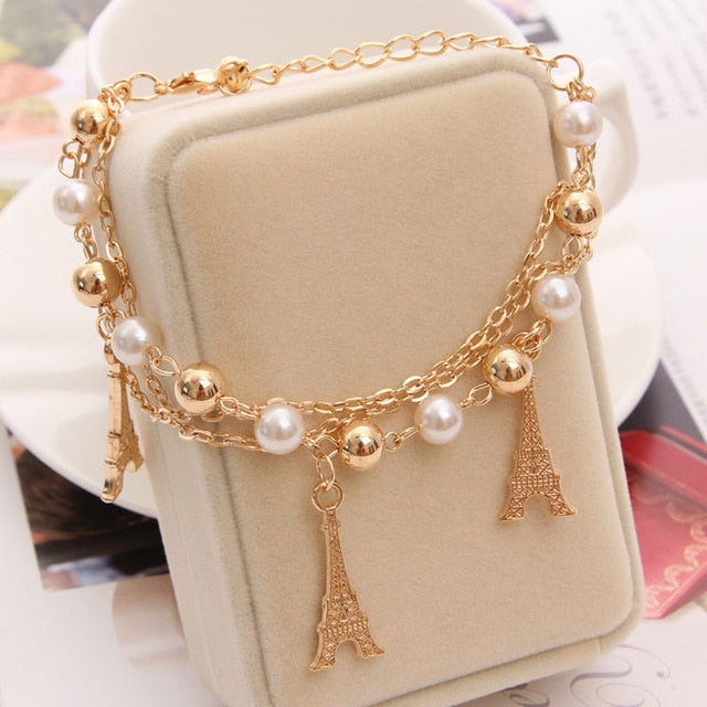 Gold Color Multi-layer Beaded Pendant Heart Butterfly Charm Bracelets and Bangles