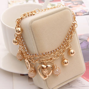 Gold Color Multi-layer Beaded Pendant Heart Butterfly Charm Bracelets and Bangles