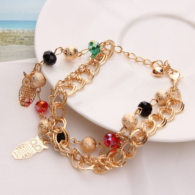 Gold Color Multi-layer Beaded Pendant Heart Butterfly Charm Bracelets and Bangles