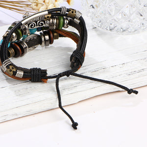 Beaded Multilayer Leather Blue Eye Bracelet Vintage Hollow Carved Bracelet