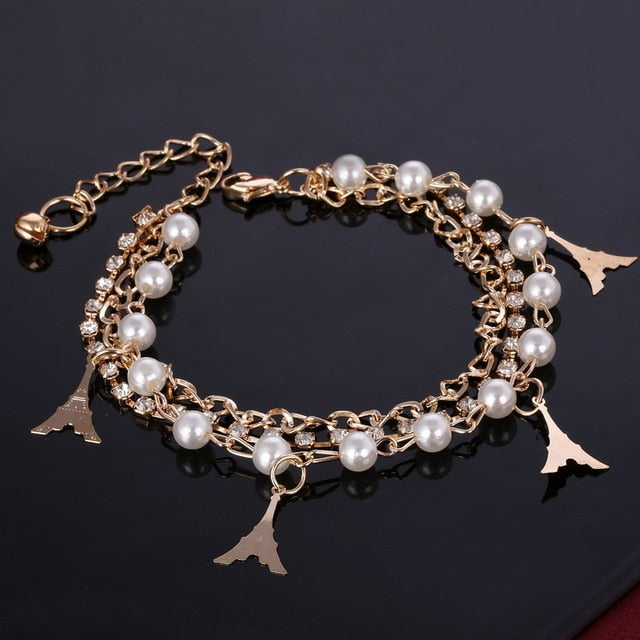 Gold Color Multi-layer Beaded Pendant Heart Butterfly Charm Bracelets and Bangles