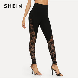 SHEIN Black Sexy Elegant Sheer Floral Lace Insert Skinny Leggings Summer Women