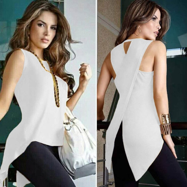 Women's Summer Blouse Casual Slim Slit Irregular Plus Size Shirt Tops Solid 3XL Chiffon