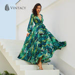 Vintacy Long Sleeve Dress Green Tropical Beach Maxi Boho Casual V Neck Belt Lace Up Plus Size Dress