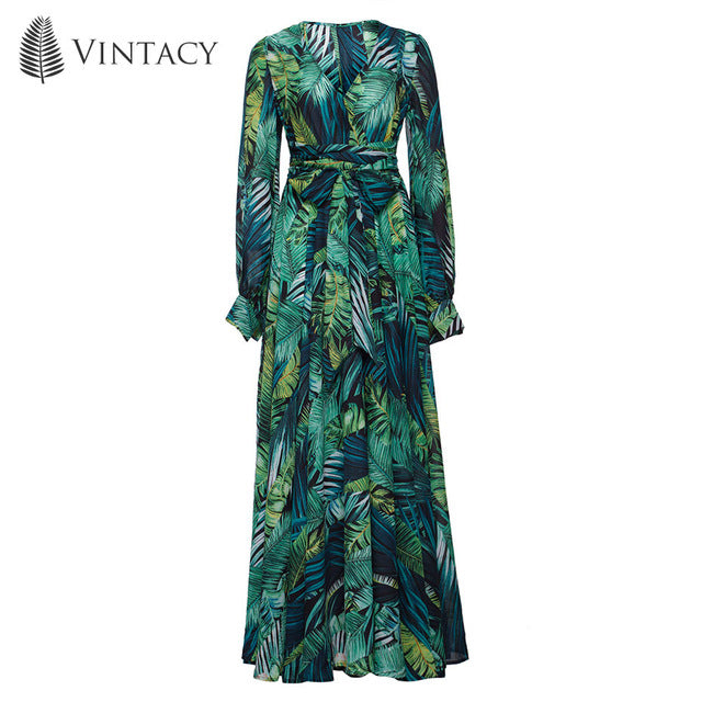 Vintacy Long Sleeve Dress Green Tropical Beach Maxi Boho Casual V Neck Belt Lace Up Plus Size Dress