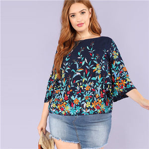 SHEIN Floral Print Navy Plus Size Round Neck Casual Women Blouse