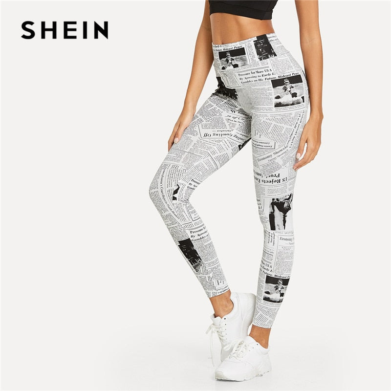 SHEIN Black And White Highstreet Newspaper Letter Print Streetwear Leggings