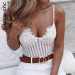 Women Cryptographic Sexy Spaghetti Strap Mesh Lace Transparent  Bodysuit