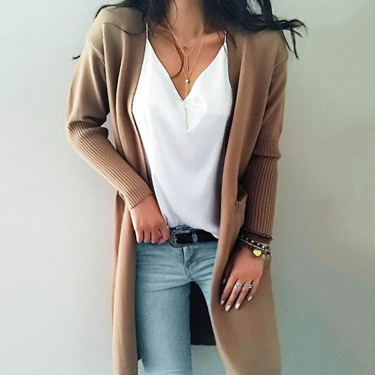 Women Knitted Long Sleeve Long Sweater Cardigan