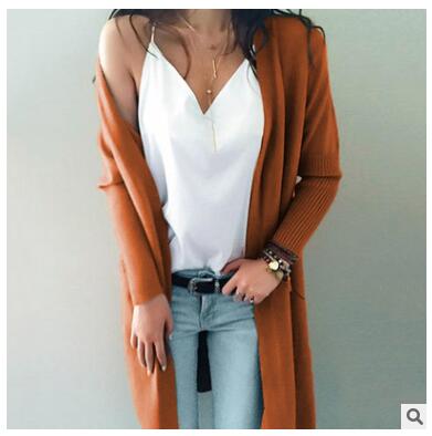 Women Knitted Long Sleeve Long Sweater Cardigan