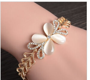 Women Fashion Bridal Jewelry Flower Opal Charm Gold Color Crystal Statement Bracelets & Bangles