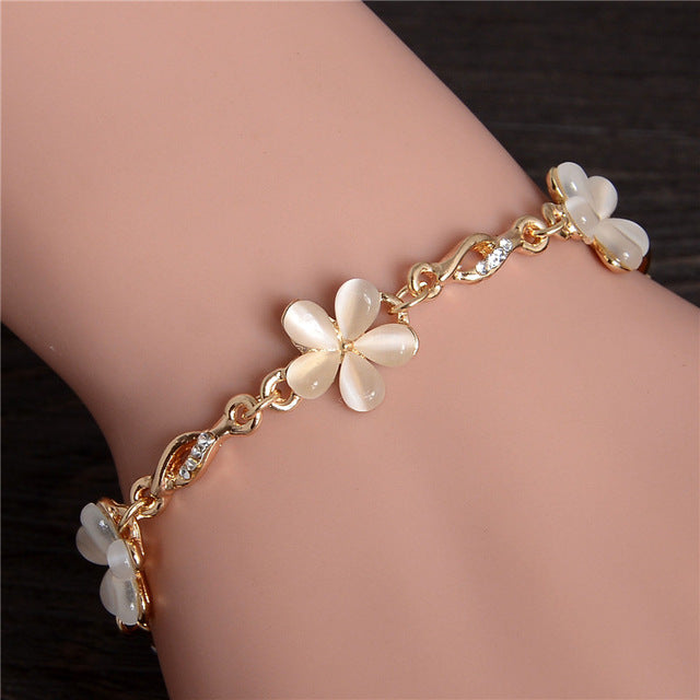 Women Fashion Bridal Jewelry Flower Opal Charm Gold Color Crystal Statement Bracelets & Bangles