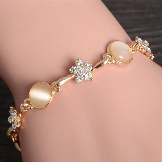 Women Fashion Bridal Jewelry Flower Opal Charm Gold Color Crystal Statement Bracelets & Bangles