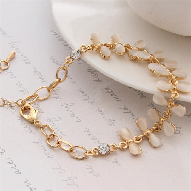 Women Fashion Bridal Jewelry Flower Opal Charm Gold Color Crystal Statement Bracelets & Bangles