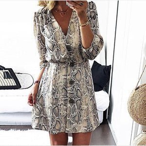 New High Street Women A-line Dresses Snakeskin Printed Half Sleeve Button Dress