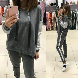 Women Autumn 2- Piece Tracksuit Casual Cotton And Faux Leather