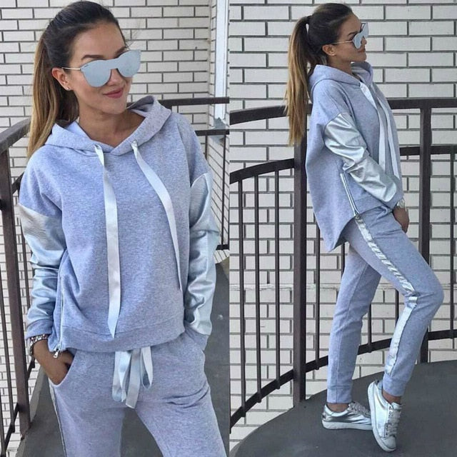 Women Autumn 2- Piece Tracksuit Casual Cotton And Faux Leather