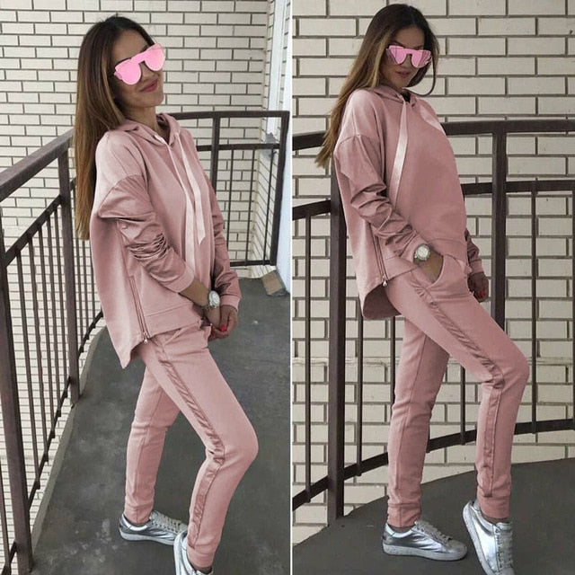 Women Autumn 2- Piece Tracksuit Casual Cotton And Faux Leather