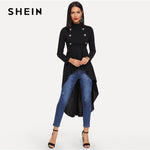 SHEIN Black Mock Neck Double Breasted Front Dip Hem Top Elegant Ruffle Asymmetrical Longline Blouse