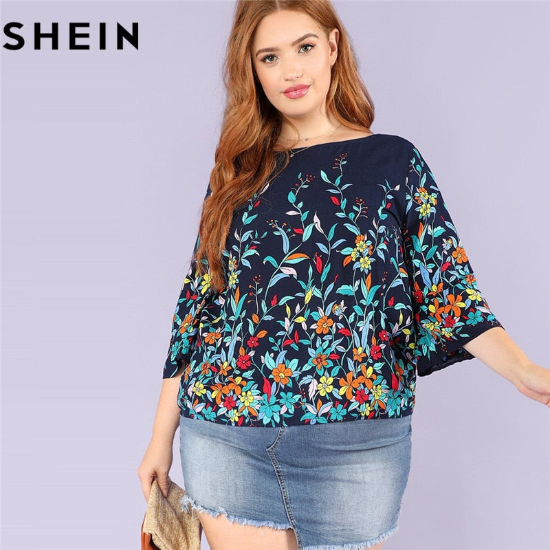 SHEIN Floral Print Navy Plus Size Round Neck Casual Women Blouse