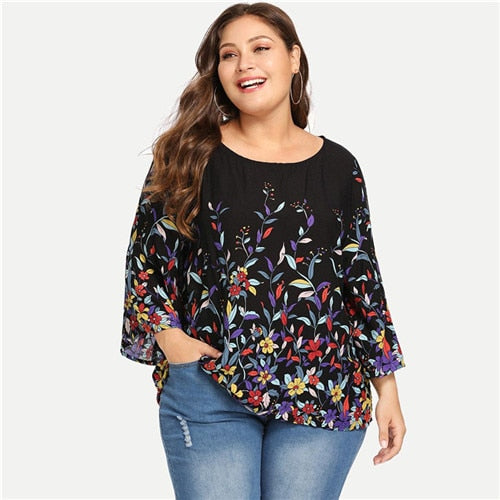 SHEIN Floral Print Navy Plus Size Round Neck Casual Women Blouse