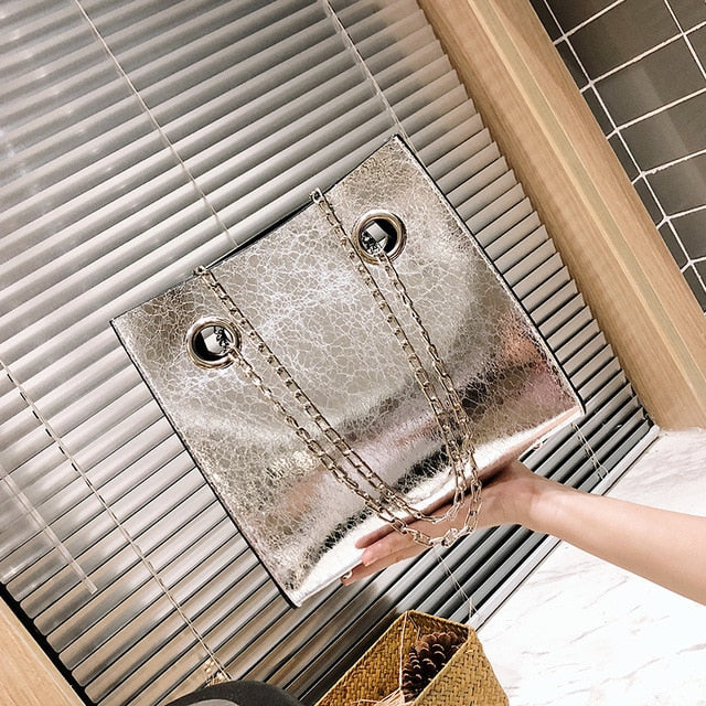 Big Tote Female Bag Burst Crack Chain Shoulder Messenger Bag PU Leather Lg Capacity