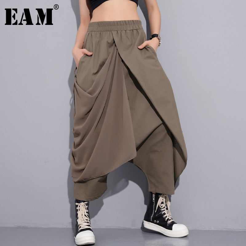 2019 New Spring High Elastic Waist Black Fold Bandage Stitch Loose Long Cross-Pants