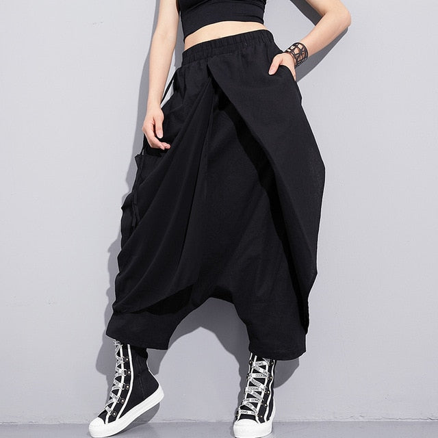 2019 New Spring High Elastic Waist Black Fold Bandage Stitch Loose Long Cross-Pants