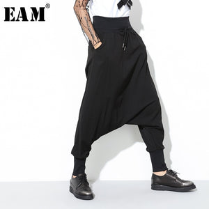 [EAM] 2019 New Fashion Black Solid Drawstring Pockets Causal Loose Big Size Women High Waist Harem Pants