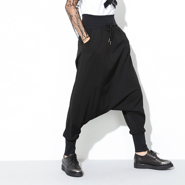 [EAM] 2019 New Fashion Black Solid Drawstring Pockets Causal Loose Big Size Women High Waist Harem Pants