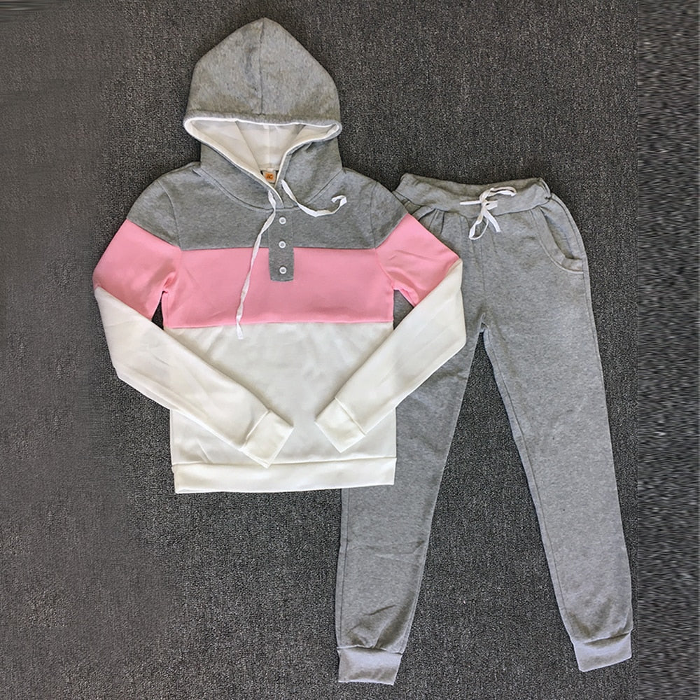 Tracksuit 2 pcs Women Set Hoodies Crop Top Sweatshirt+Side Stripe Pants Hooded