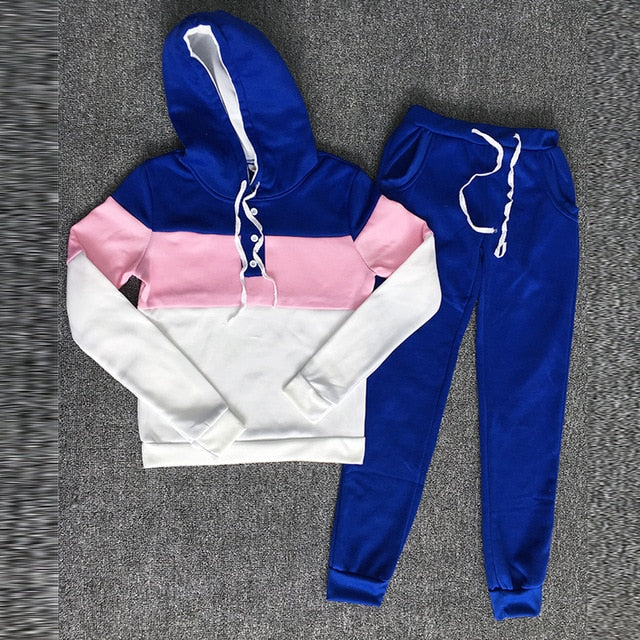 Tracksuit 2 pcs Women Set Hoodies Crop Top Sweatshirt+Side Stripe Pants Hooded