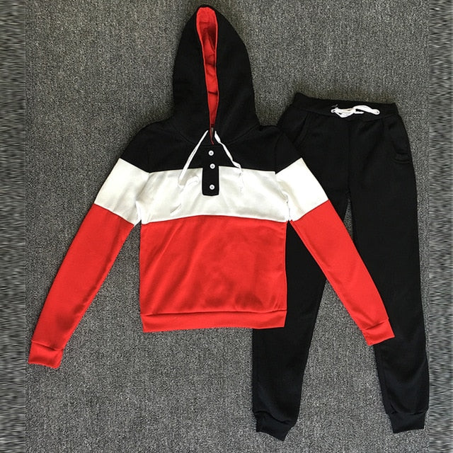 Tracksuit 2 pcs Women Set Hoodies Crop Top Sweatshirt+Side Stripe Pants Hooded