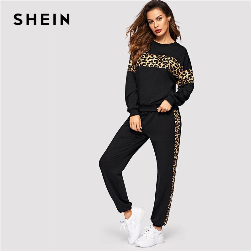 SHEIN Black Leopard Panel Pullover Women O-neck Two Piece Sets