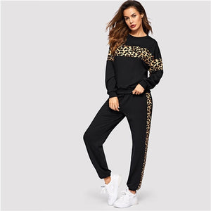 SHEIN Black Leopard Panel Pullover Women O-neck Two Piece Sets