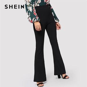 SHEIN Black Elegant Office Lady Elastic Waist Flare Hem Pants Casual Solid Minimalist