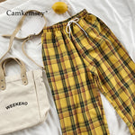 CamKemsey Vintage Yellow Plaid Japanese Harajuku Pants Women Casual Drawstring Ankle Length