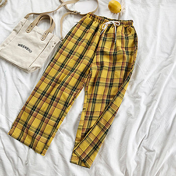 CamKemsey Vintage Yellow Plaid Japanese Harajuku Pants Women Casual Drawstring Ankle Length