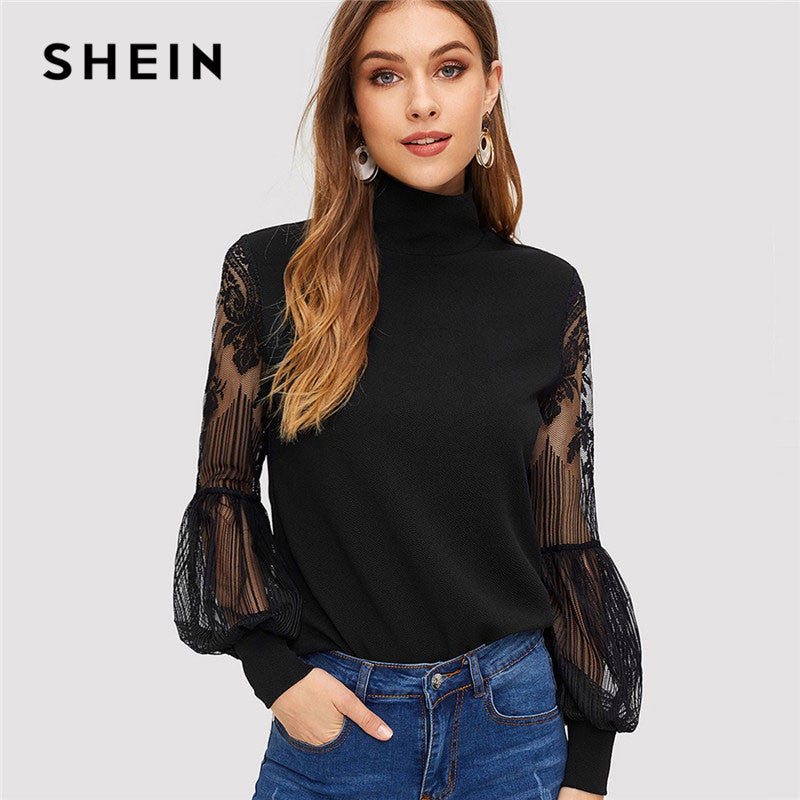 Romantic SHEIN Women Black High Neck Lace Lantern Sleeve Top