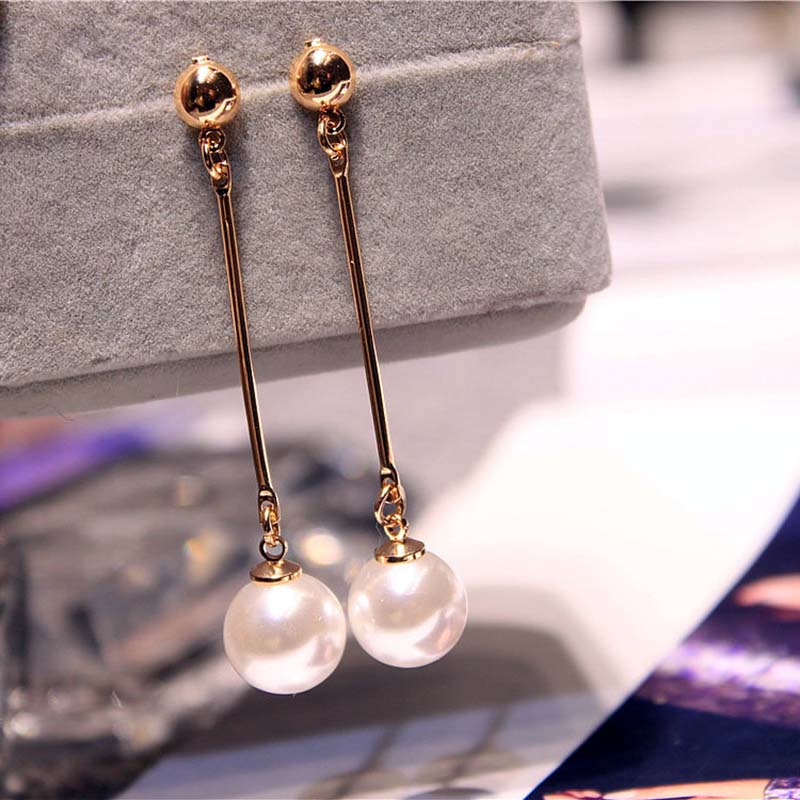 Simulated Pearl Long Tassel Bar Drop Earrings For Women