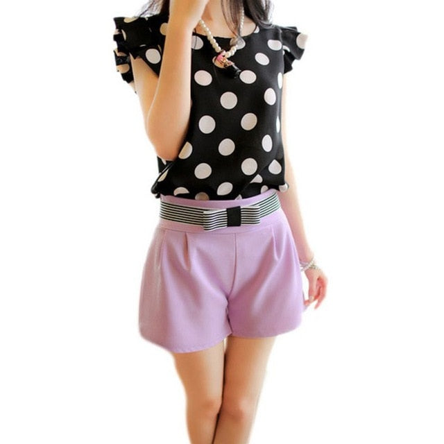 Fashion  PolkaDot Blouse Women Casual Chiffon Shirt Sleeveless Ruffle