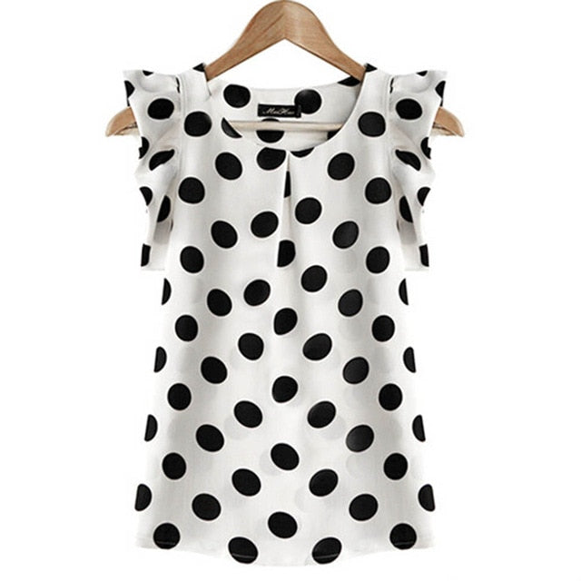 Fashion  PolkaDot Blouse Women Casual Chiffon Shirt Sleeveless Ruffle